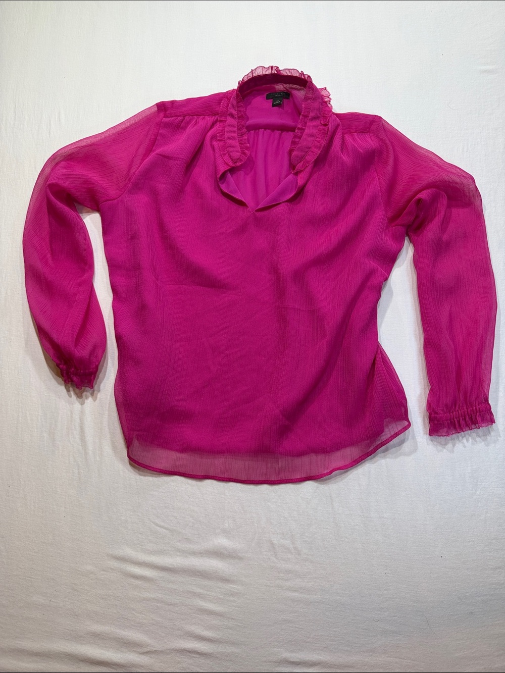 Ann Taylor Hot Pink Ruffle-Neck Sheer Blouse, lined bodice